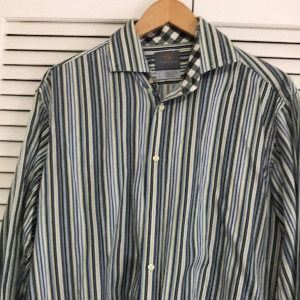 Thomas Dean Men's Striped and Plaid Shirt - Green and Blue